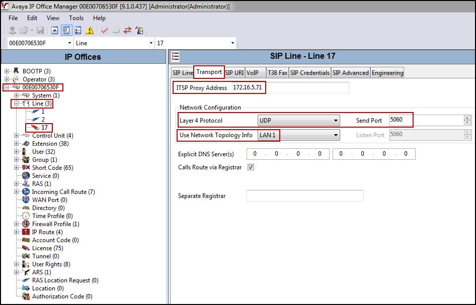 5.4.4 SIP Line - Transport Tab Select the Transport tab; configure the parameters as shown below: Set the ITSP Proxy Address to the inside IP Address of the Avaya SBCE or 172.16.5.71 as shown in Figure 1.