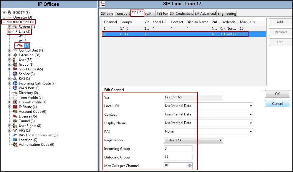 5.4.6 SIP Line - SIP URI Tab Two SIP URI entries must be created to match each outgoing number that Avaya IP Office will send on this line and incoming numbers that Avaya IP Office will accept on