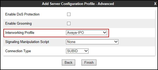 Click Next on the Authentication window. Click Next on the Heartbeat window. On the Advanced tab: Select Avaya-IPO from the Interworking Profile drop down menu.