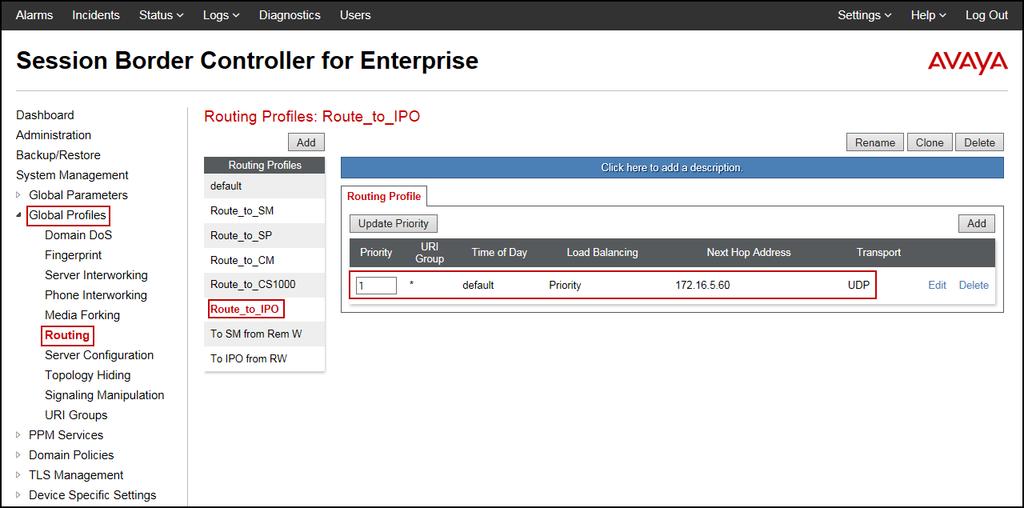The following screen shows the newly created Route_to_IPO Profile. Similarly, for the outbound route: Select Routing. Click Add in the Routing Profiles section. Enter Profile Name: Route_to_SP.