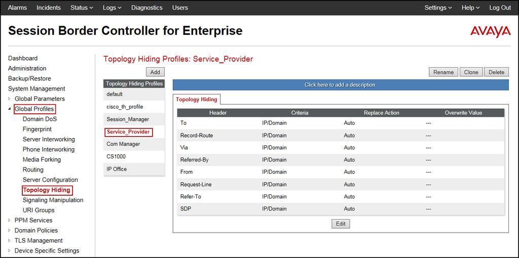 To add the Topology Hiding Profile in the Service Provider direction, select Topology Hiding from the Global Profiles menu on the left-hand side: Click on default profile and select Clone Profile.