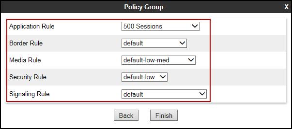 Similarly, to create an End Point Policy Group for the Service Provider SIP Trunk, select Add in the Policy Groups section. Group Name: Service Provider. Application Rule: 500 Sessions.