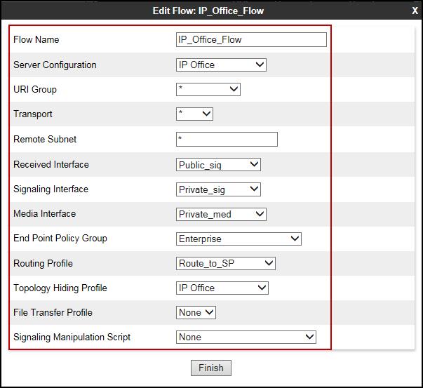 To create the call flow toward IP Office, click Add. Name: IP_Office_Flow. Server Configuration: IP Office. URI Group: * Transport: * Remote Subnet: * Received Interface: Public_sig.