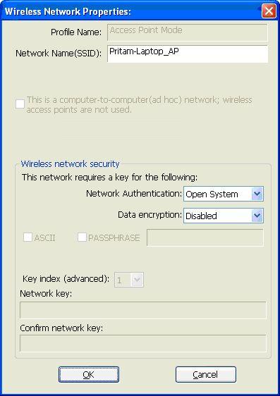 The Wireless Network Properties is displayed. Please note that Ad-Hoc mode is not available when network adapter is in AP mode.