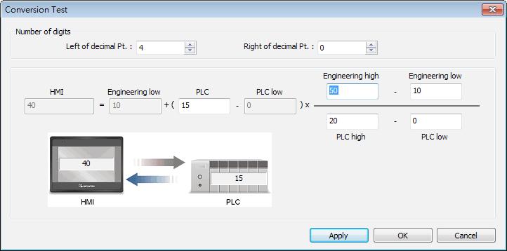 Click (Test) button to preview the result. Enter a value in (PLC) field as shown in the following figure, for example, enter value 15, and the result, which is 40, will be displayed. 13.