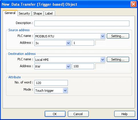 17.3. Transferring Recipe Data Use Data Transfer (Trigger-based) object to transfer recipe data to the designated address, or save the data of the designated address to (RW) and (RW_A).