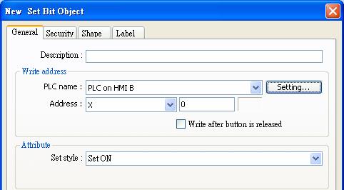 3. In PC or HMI A project: Create a Set Bit Object, select PLC on HMI B in (PLC name)