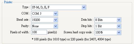 If the printer type is (SP-M, D, E, F), the (pixels of width) has to be set accurately, i.e. the set pixel(s) cannot exceed printer s default setting, or the HMI will fail to print data.