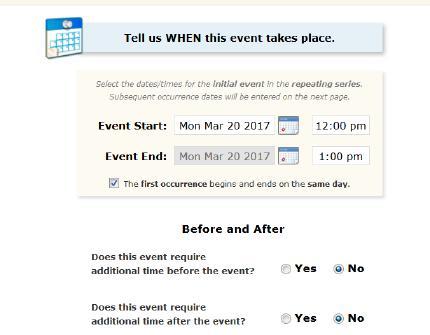 These are the times that will be published for attendees to see Setup Time: The time needed for service providers to setup your space.
