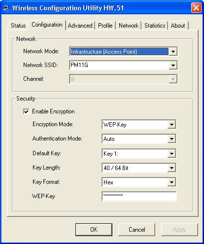 Configuration The Configuration function helps you to configure the Network and the Security. Network: the setting of the Network mode, the SSID and the Channels.