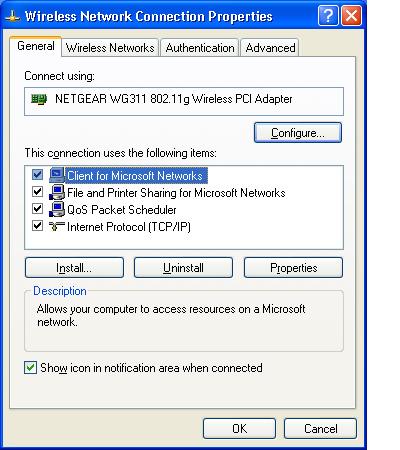 Verify the following settings as shown: Client for Microsoft Network exists Ethernet adapter is present TCP/IP is present Primary Network Logon is