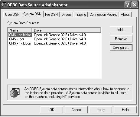 ODBC installation Description of the ODBC Data Source Administrator window The following figure shows the ODBC Data Source Administrator window on a Windows XP system.