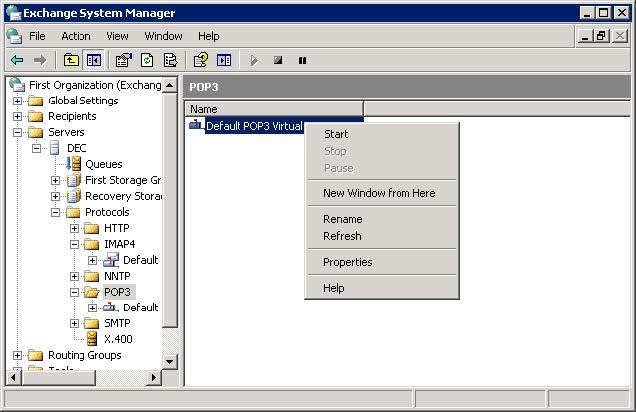 To enable POP3, navigate to Servers > Protocols > POP3, and in the center pane, right-click Default POP3 Virtual Server, and click Start: Set