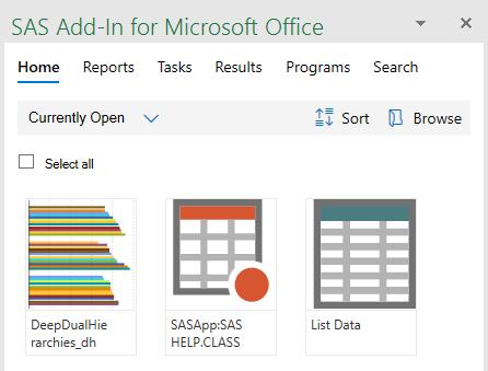 CURRENTLY OPEN The Currently Open page shows you all the SAS content (data sets, tasks, program, stored processes, and reports) that you currently have open within the active Microsoft Office