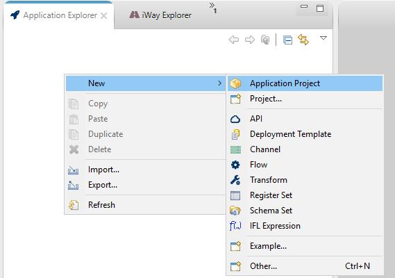 2. Right-click anywhere within the Application Explorer tab, select New from the context menu, and then