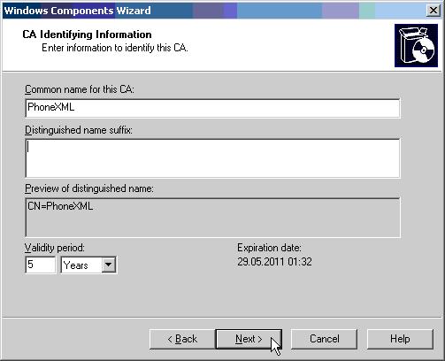 Installing a Certificate Authority Set the requested parameters as shown