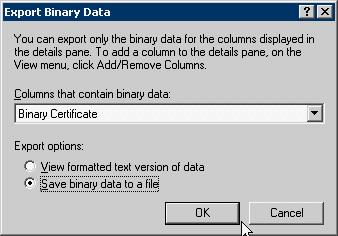 Installing a Certificate Authority Here choose the Binary Certificate and save this to binary file.