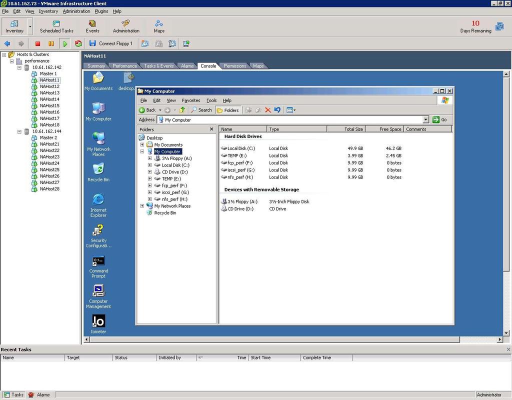 Figure 3 details all of the drives attached to each VM used during the tests as well as the number of VMs per ESX host.