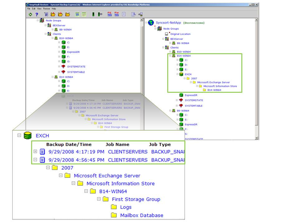 After two backups had completed, ESG Lab examined the Backup Express GUI and noted the available recovery options. Figure shows the administrator s view of the first two block-level snapshots created.