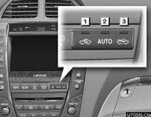 AIR CONDITIONING Switching between outside air and recirculated air modes (d) Defogging the windshield 1 Recirculated air mode 2 Automatic mode 3 Outside air mode Push the air intake control button.