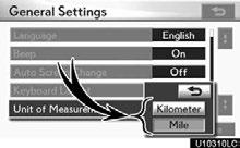 SETUP Unit of measurement Distance unit can be changed. 1. Push the SETUP button. 2. Touch General on the Setup screen. 3. Touch Unit of Measurement.