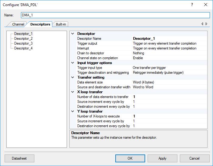 PSoC Creator Component Datasheet Direct Memory Access (DMA_PDL) Descriptors Tab This tab contains the Descriptors configuration settings. Same set of parameters are created for each of descriptors.