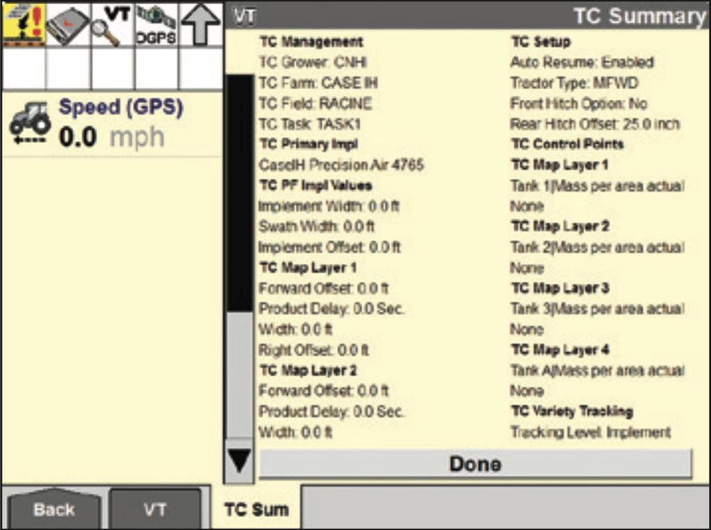 5 Task Controller Setup CNH Troubleshooting 12 TC Main > TC Sum: Provides a complete summary of the current active Task Controller configuration.