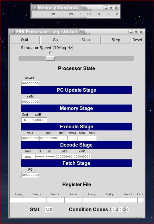Y86 Simulator displays contents of memory processor state