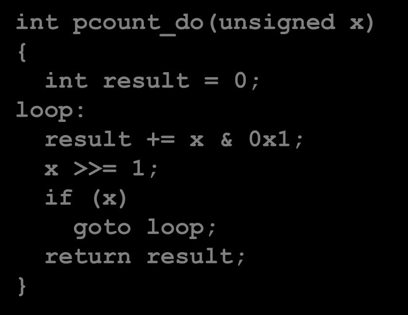 = 0; loop: result += x & 0x1; x >>= 1; if (x) goto loop; return result; Count number of 1 s