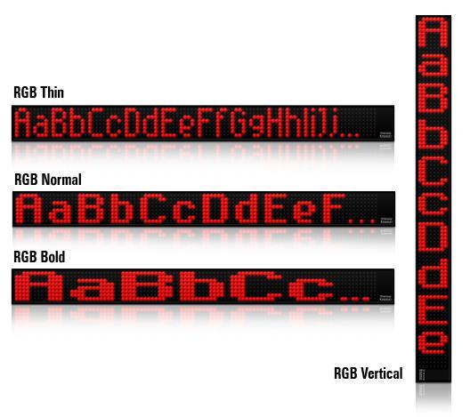 Built-in fonts The display has four different font faces buit-in: - RGB thin - RGB normal - RGB bold - RGB vertical (dedicated for vertical text presentation) Fonts