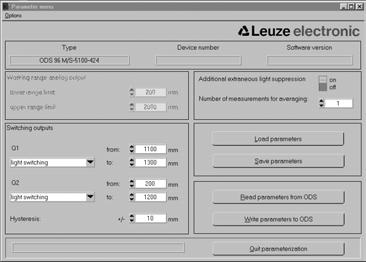 Software Leuze electronic Working range analogue output You can adjust which distance corresponds to a voltage of 1 V, 4 ma at the analogue output (lower range limit) and which distance corresponds