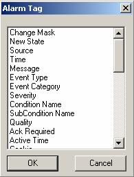Selecting Alarm Attributes The Alarm Tag list, shown in the figure below, allows you to choose alarm attributes for your alarm filter.
