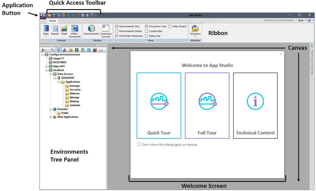 Comparing the Default Developer Studio and App Studio Interfaces App Studio The following image shows the default App Studio interface, and highlights the Welcome screen, Application button, Quick