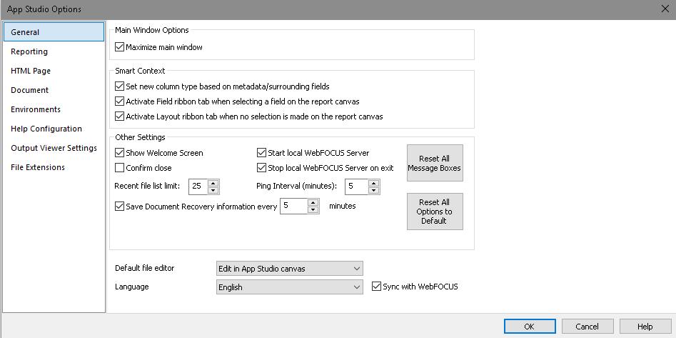 4. Creating Reports The smart context options are contained in the App Studio Options dialog box, in the General tab, as shown in the following image.