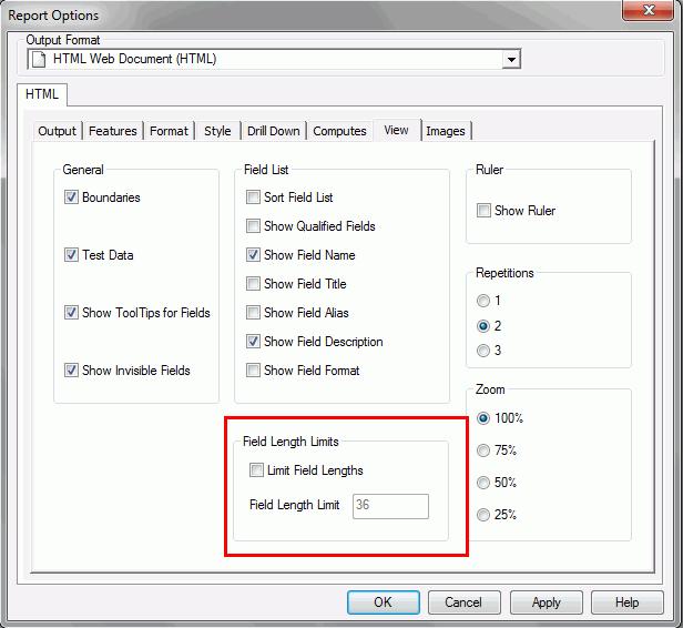 Field Length Limit The Report Options dialog box is shown in the following image with the Limit Field Lengths command and Field Length Limit command highlighted.