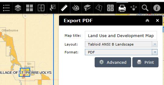 To close the tool, click the close button in the upper right corner of the tool. Export PDF The Export PDF tool connects the web app with a printing service to allow the current map to be exported. 1.