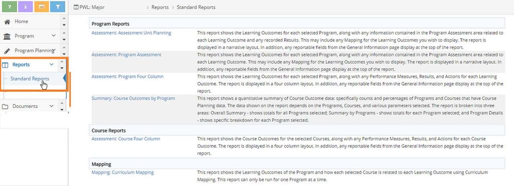Outcome. The report is displayed in a four column layout. In addition, any reportable fields from the General Information page display at the top of the report.