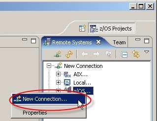 4. Define a new connection by expanding New Connection in your Remote Systems View in the upper right corner, right clicking the z/os