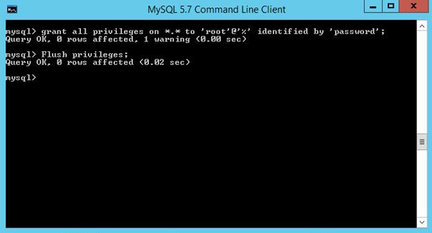 6. Grant remote access to the DB servers for Printer Installer by executing the following commands in the MySQL command prompt on DB Server 1. GRANT ALL PRIVILEGES ON *.