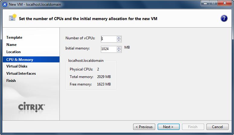 Select number of vcpus. Specify initial memory size.