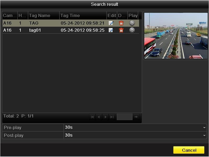 Figure 6. 27 Result of Video Search by Tag 3. Playback by tag. Choose a tag and click button to play back the related record file.