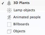Each tab will display the list of the objects and billboards from your scene but in a different aspect.