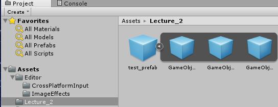 Prefabs Drag and drop the GameObject onto the gray prefab object and the prefab will turn blue!