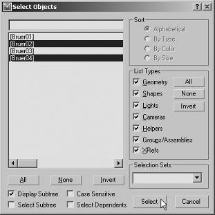 You can Shift-click to select a group of adjacent names or Ctrl-click to select a group of individual names. Figure 1.22 shows the Select Objects dialog box with the new selection. Figure 1.22 The Select Objects dialog box with the new selection 4.
