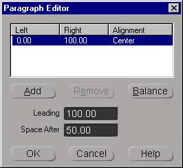 Chapter 9 3D DVE and Titling To open the Paragraph Editor dialog box 1. Using the Text tool, place the insertion point in the paragraph containing the column and right-click. 2.