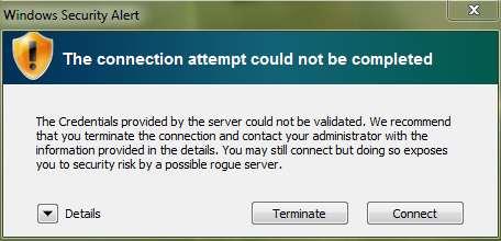 MESSAGES THAT YOU MAY ENCOUNTER WHEN CONNECTING: Windows PC: If this error is encountered, please click Connect. This should only happen the first time you connect.