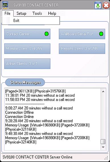 Issue 2.0 UNIVERGE SV9100 SECTION 2 FILE MENU The File Menu selections are listed in Figure 4-1 Contact Center Server File Menu.