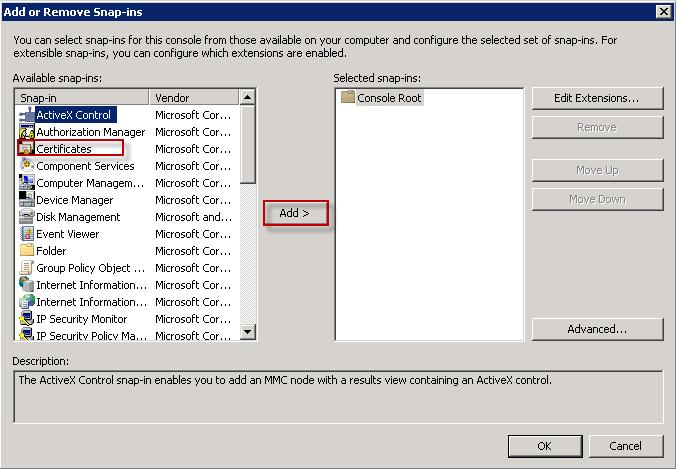 4. The Add r Remve Snap-ins dialg bx appears. Select Certificates and click Add.