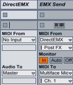 In the DirectEMX track, set «Midi from» to «No input» In The EMX Send track, set «Midi from» to «DirectEMX», Monitor «IN» and «MIDI to» to your midi interface