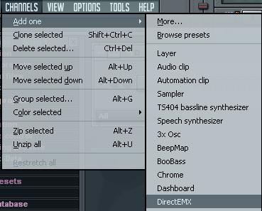 How to use with FL Studio (1/2) HOST MODE 1. Add «DirectEMX» VST by using the «Channels->Add one» menu.